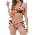 Pink And Yellow Plumeria Flower Print Halter Scoop Tie Side Bikini