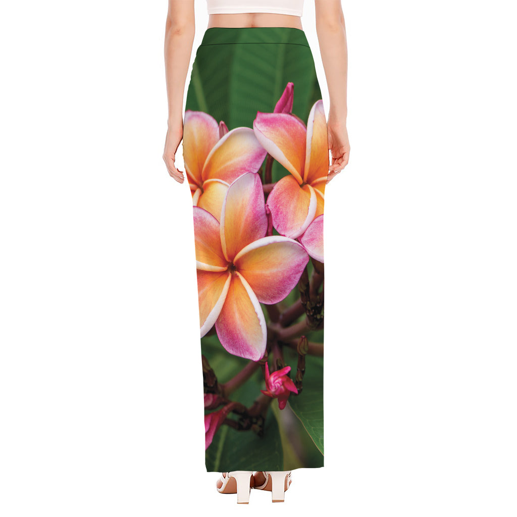 Pink And Yellow Plumeria Flower Print High Slit Maxi Skirt