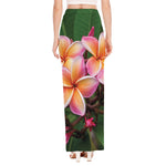 Pink And Yellow Plumeria Flower Print High Slit Maxi Skirt