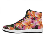 Pink And Yellow Plumeria Flower Print High Top Leather Sneakers
