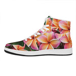 Pink And Yellow Plumeria Flower Print High Top Leather Sneakers