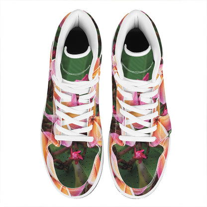 Pink And Yellow Plumeria Flower Print High Top Leather Sneakers