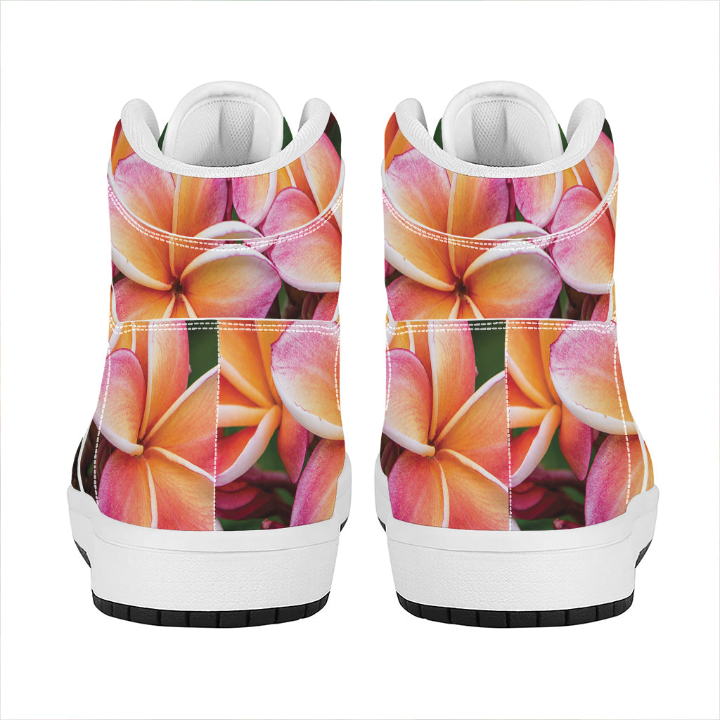 Pink And Yellow Plumeria Flower Print High Top Leather Sneakers