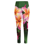 Pink And Yellow Plumeria Flower Print High-Waisted Pocket Leggings