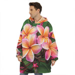 Pink And Yellow Plumeria Flower Print Hoodie Blanket