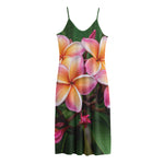 Pink And Yellow Plumeria Flower Print Jersey Midi Cami Dress