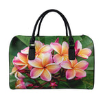Pink And Yellow Plumeria Flower Print Leather Duffle Bag