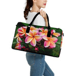 Pink And Yellow Plumeria Flower Print Leather Duffle Bag