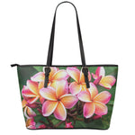 Pink And Yellow Plumeria Flower Print Leather Tote Bag