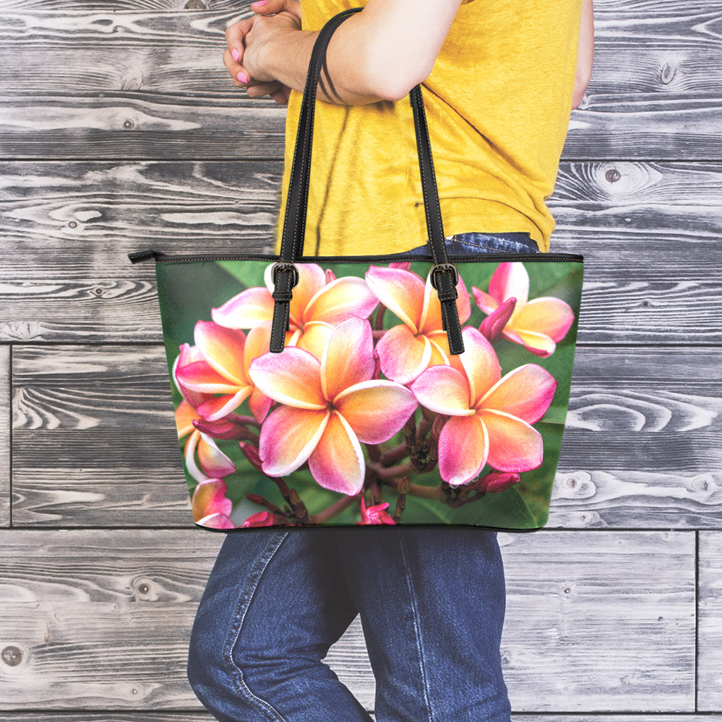 Pink And Yellow Plumeria Flower Print Leather Tote Bag