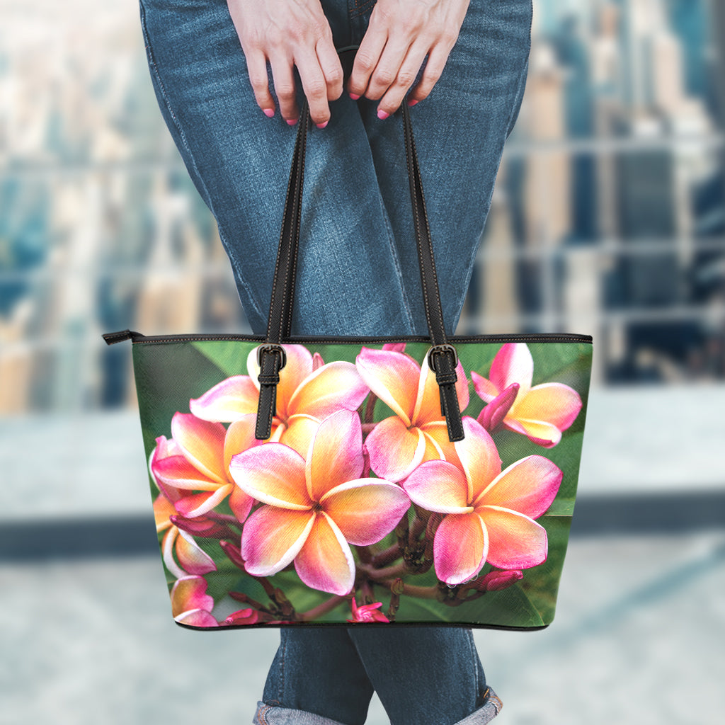 Pink And Yellow Plumeria Flower Print Leather Tote Bag