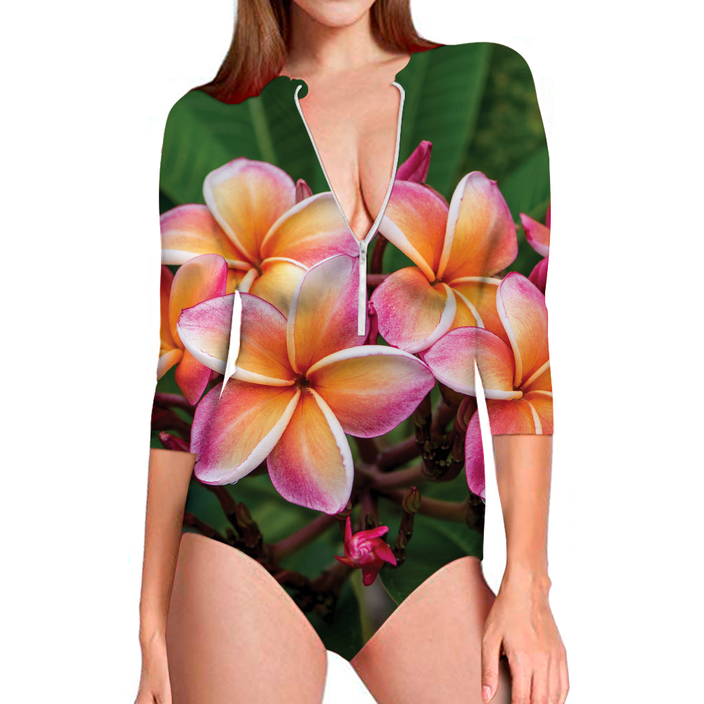 Pink And Yellow Plumeria Flower Print Long Sleeve Swimsuit