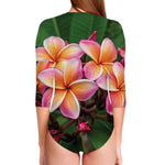 Pink And Yellow Plumeria Flower Print Long Sleeve Swimsuit