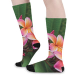 Pink And Yellow Plumeria Flower Print Long Socks