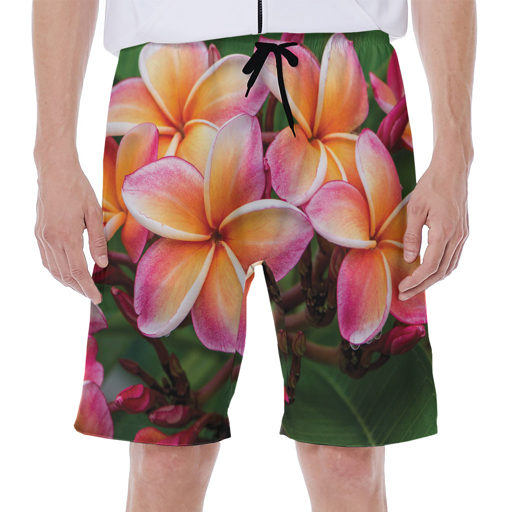 Pink And Yellow Plumeria Flower Print Men's Beach Shorts