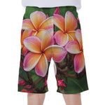 Pink And Yellow Plumeria Flower Print Men's Beach Shorts