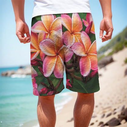Pink And Yellow Plumeria Flower Print Men's Cargo Shorts