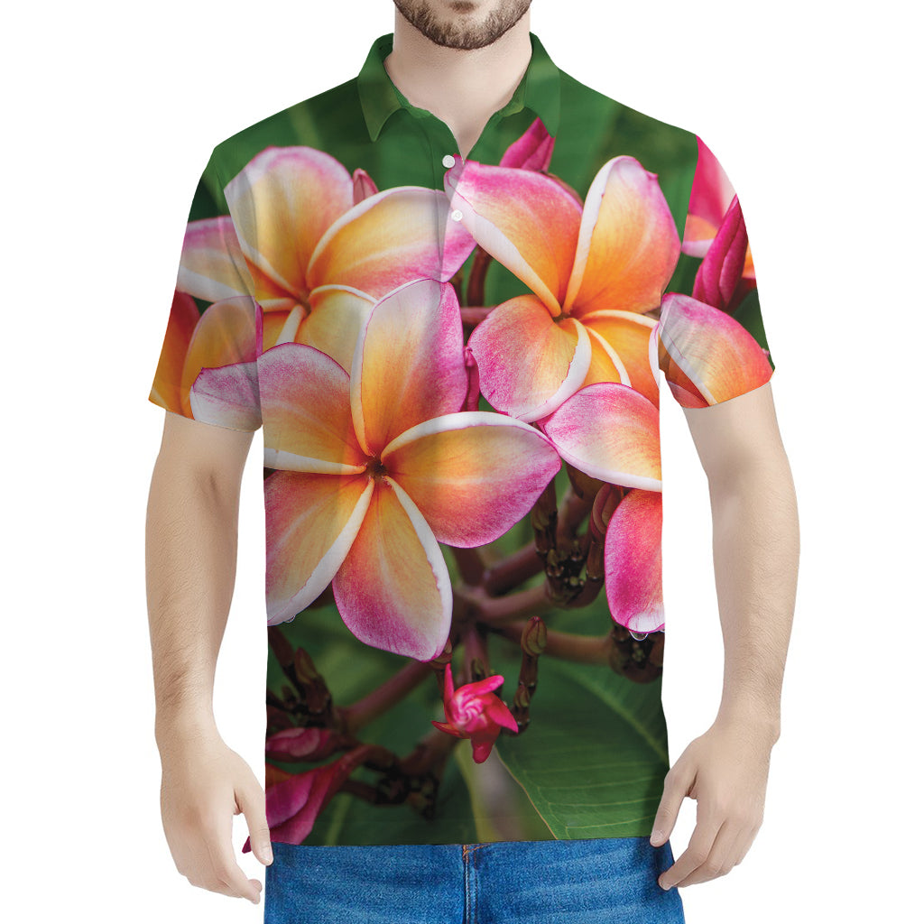 Pink And Yellow Plumeria Flower Print Men's Polo Shirt