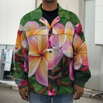 Pink And Yellow Plumeria Flower Print Men's Shirt Jacket