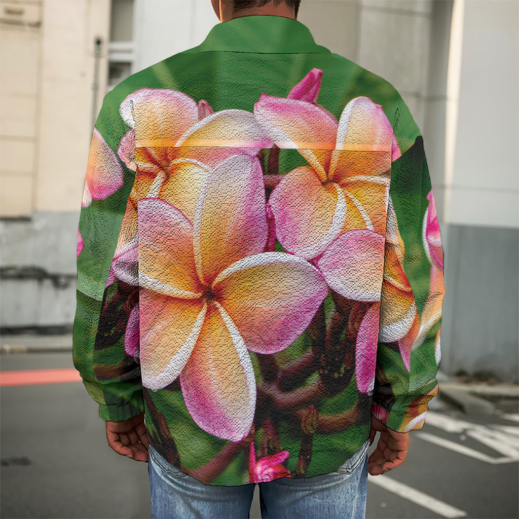 Pink And Yellow Plumeria Flower Print Men's Shirt Jacket