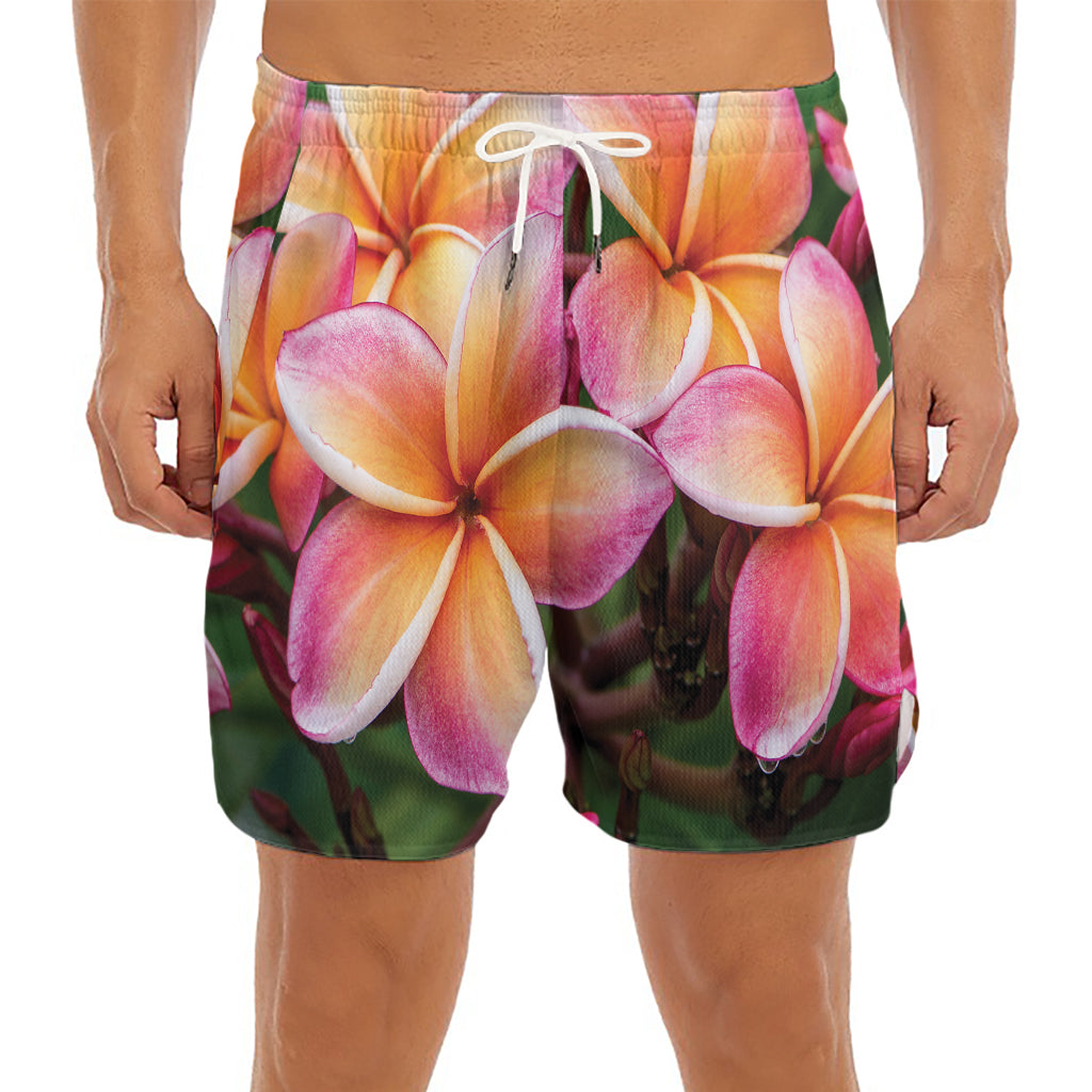 Pink And Yellow Plumeria Flower Print Men's Split Running Shorts
