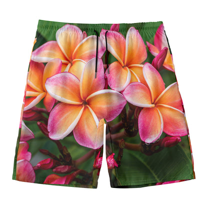 Pink And Yellow Plumeria Flower Print Men's Swim Trunks