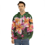 Pink And Yellow Plumeria Flower Print Men's Velvet Pullover Hoodie