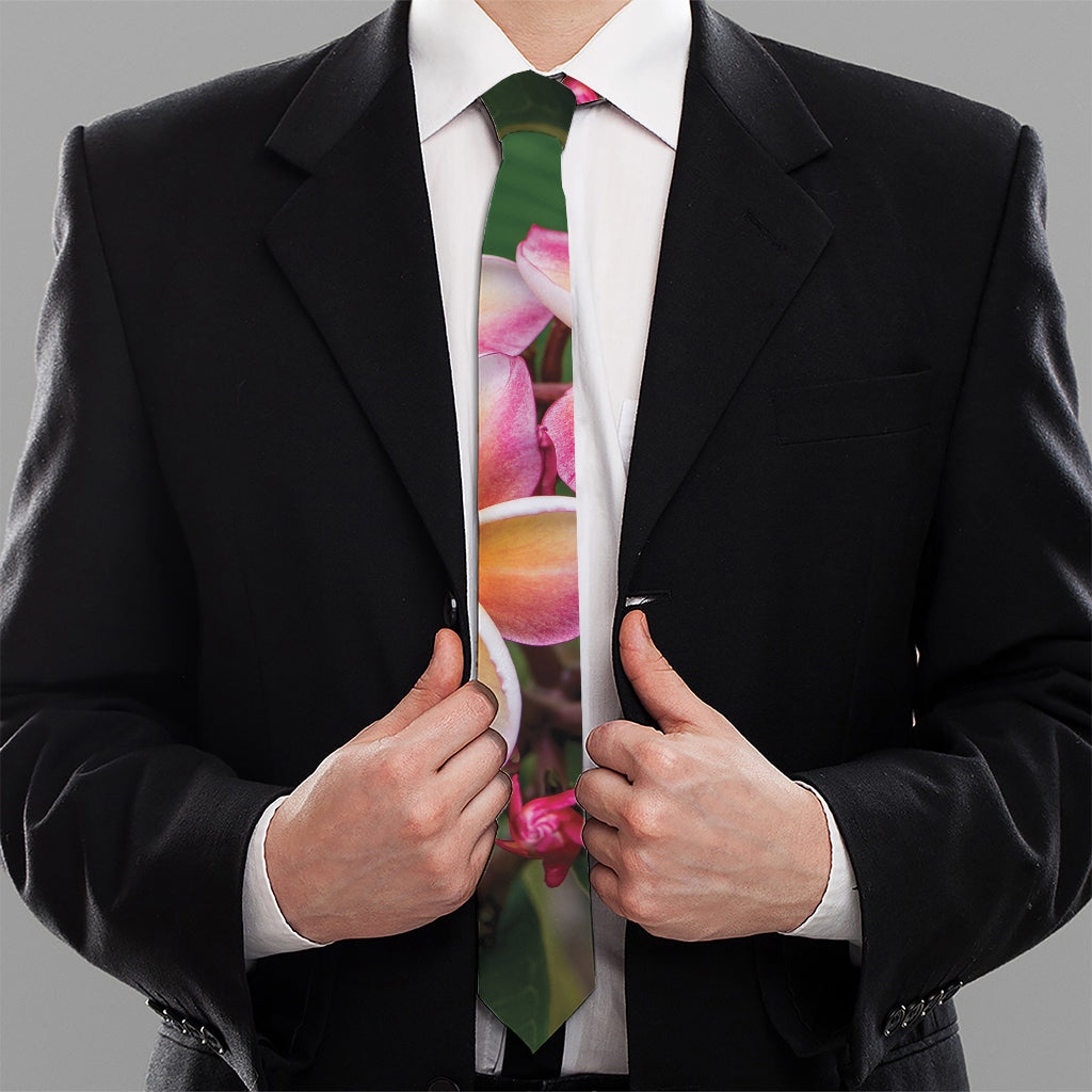 Pink And Yellow Plumeria Flower Print Necktie