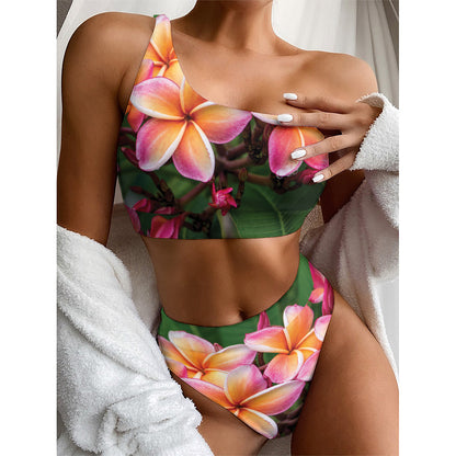 Pink And Yellow Plumeria Flower Print One Shoulder Bikini Top