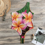 Pink And Yellow Plumeria Flower Print One Shoulder Bodysuit