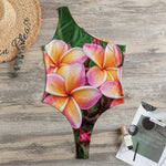 Pink And Yellow Plumeria Flower Print One Shoulder Bodysuit