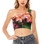 Pink And Yellow Plumeria Flower Print One Shoulder Crop Top