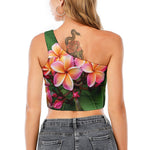 Pink And Yellow Plumeria Flower Print One Shoulder Crop Top