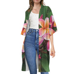 Pink And Yellow Plumeria Flower Print Open Front Beach Cover Up