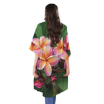 Pink And Yellow Plumeria Flower Print Open Front Beach Cover Up