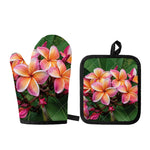 Pink And Yellow Plumeria Flower Print Oven Mitt And Pot Holder Set
