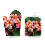 Pink And Yellow Plumeria Flower Print Oven Mitt And Pot Holder Set