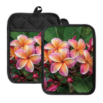 Pink And Yellow Plumeria Flower Print Pot Holders With Pocket