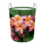 Pink And Yellow Plumeria Flower Print Round Laundry Basket