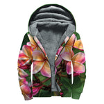 Pink And Yellow Plumeria Flower Print Sherpa Lined Zip Up Hoodie