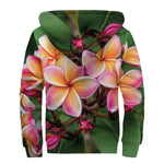 Pink And Yellow Plumeria Flower Print Sherpa Lined Zip Up Hoodie