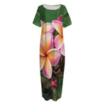 Pink And Yellow Plumeria Flower Print Short Sleeve Long Nightdress