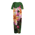 Pink And Yellow Plumeria Flower Print Short Sleeve Long Nightdress