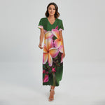 Pink And Yellow Plumeria Flower Print Short Sleeve Maxi Dress