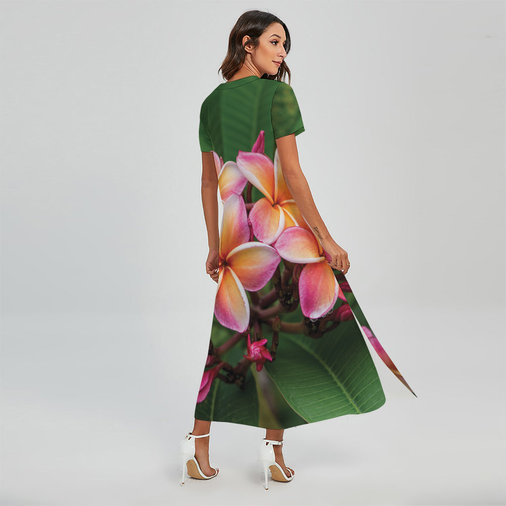 Pink And Yellow Plumeria Flower Print Short Sleeve Maxi Dress