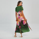 Pink And Yellow Plumeria Flower Print Short Sleeve Maxi Dress