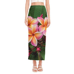 Pink And Yellow Plumeria Flower Print Side Slit Maxi Skirt