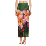 Pink And Yellow Plumeria Flower Print Side Slit Maxi Skirt