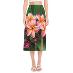 Pink And Yellow Plumeria Flower Print Side Slit Midi Skirt