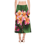 Pink And Yellow Plumeria Flower Print Side Slit Midi Skirt